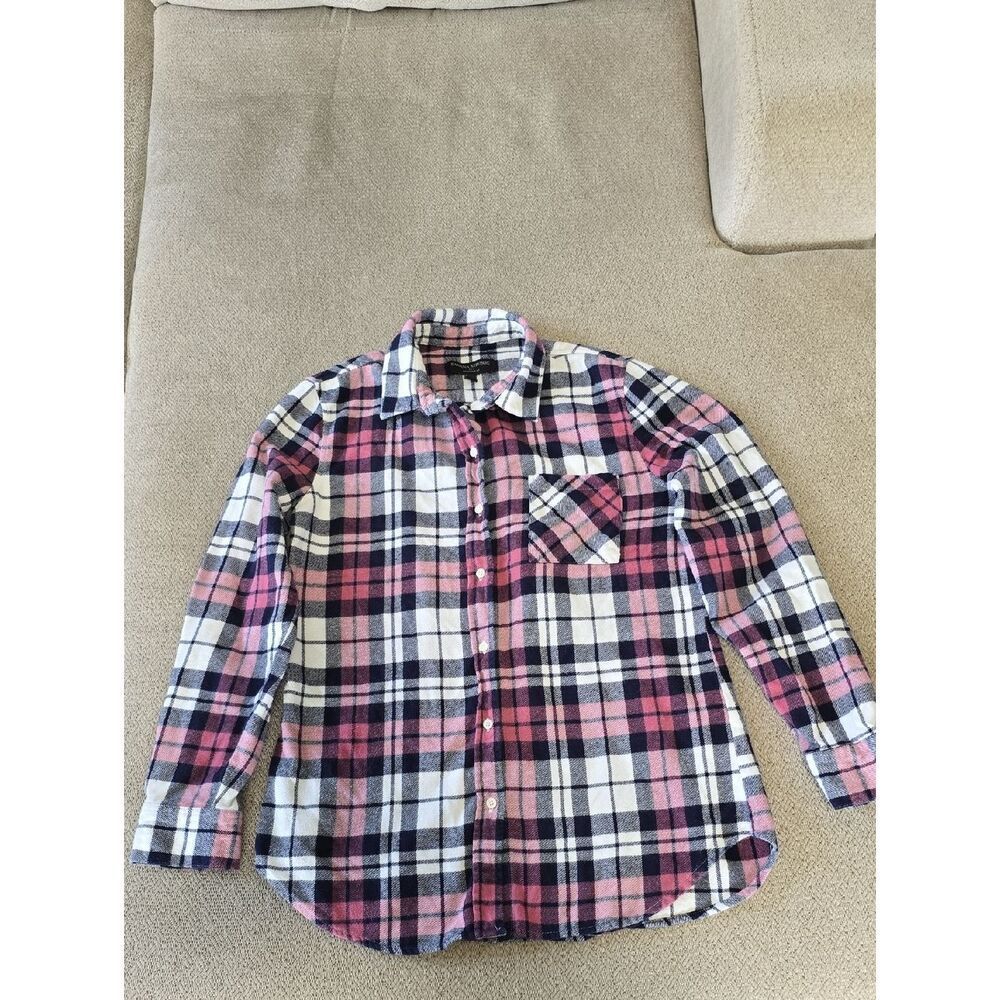 Banana Republic Factory Boyfriend Fit Blue White Pink Plaid Flannel Shirt-Small